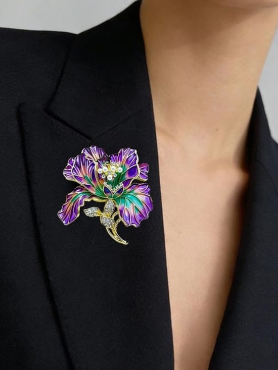 Anthropologie Jewelry - New Gold-Plated Purple & Teal Floral Brooch with Pearls and Crystals